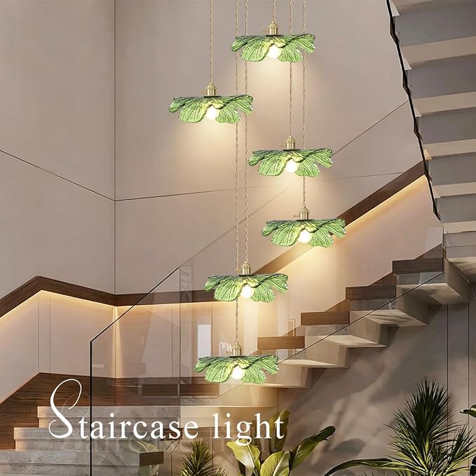 Long High Ceiling Chandelier with Green Blown Flower Glass Shade Vintage Flush Mount Ceiling Hanging light Gold brass pendant light 5 light Ceiling Chandeliers for Staircase Foyer Entryway Living
