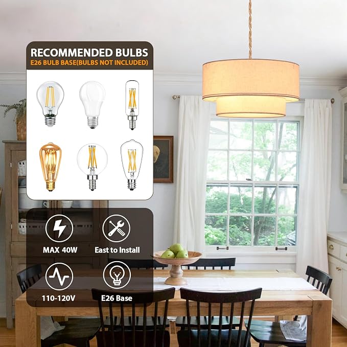 Plug in Pendant Light, 2-Tier Drum Linen Pendant Lights with 15.7FT Handmade Woven Light Cord，17.7" Plug in Chandelier for Dining Room Kitchen Island and Bedroom