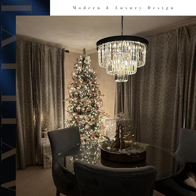Black Crystal Chandeliers Modern Round Chandeliers 20" Dimmable 9 Lights Ceiling Pendant Light Fixtures 3 Tiers Luxury Raindrop for Living Room Dining Room Bedroom Foyer