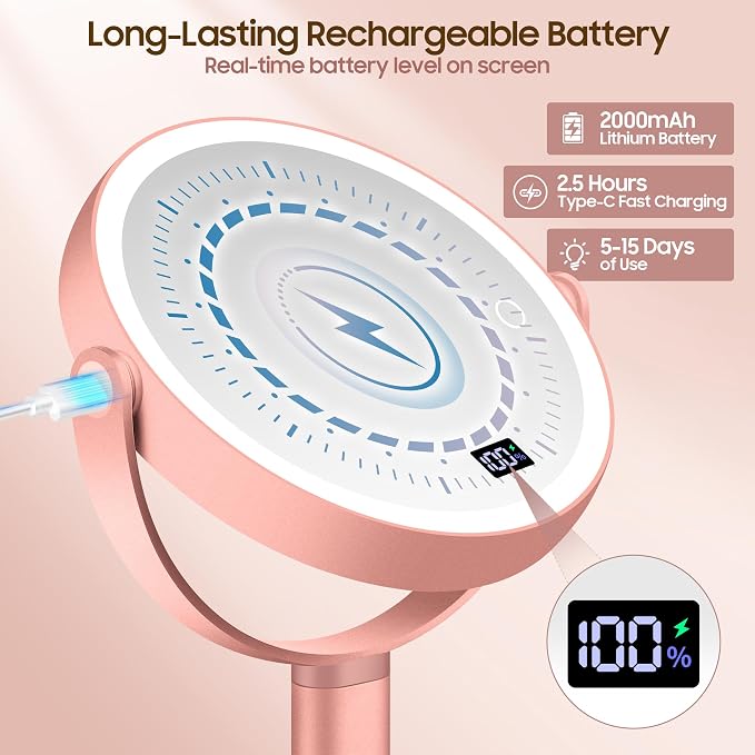 Makeup Magnifying Mirror with Light 30X/1X, Digital Display, 2-Sided Touch Control, Makeup Mirror with 3 Color Lights,360° Rotate, Height Adjustable Lighted Magnifying Mirrors for Desk Travel