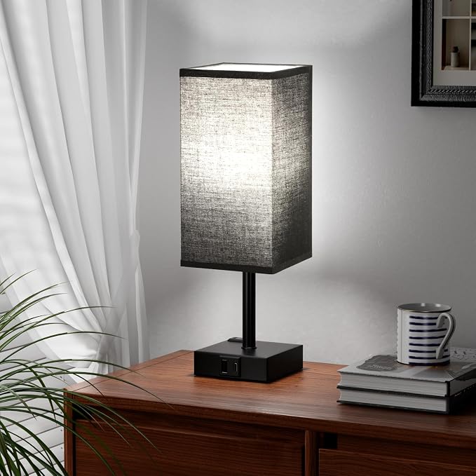 Set of 2 Black Table Lamp for Bedroom - Dimmable Touch, USB C+A, AC Outlet | 3-Way Dimming, 5000K Daylight Bulb Included, Nightstand Lamp with Square Linen Shade, Small Room Decor for Men, Boys, Desk