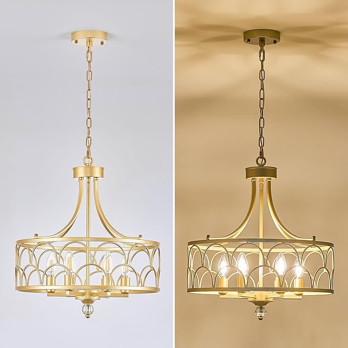 6-Light Gold Chandelier,18.1in Farmhouse Lantern Pendant Light Fixture,Adjustable Hanging Ceiling Lamp with E12 Socket,for Kitchen Island,Bedroom,Entryway,Dining Room
