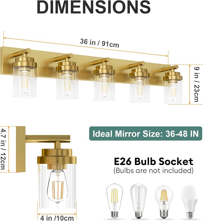 IZORRO Bathroom Vanity Light Fixture, 5-Light 36 Inch Gold Bathroom Light Fixtures Over Mirror, with Clear Glass Shade, Modern Farmhouse Vanity Lights, Rustic Restroom Lighting Fixtures