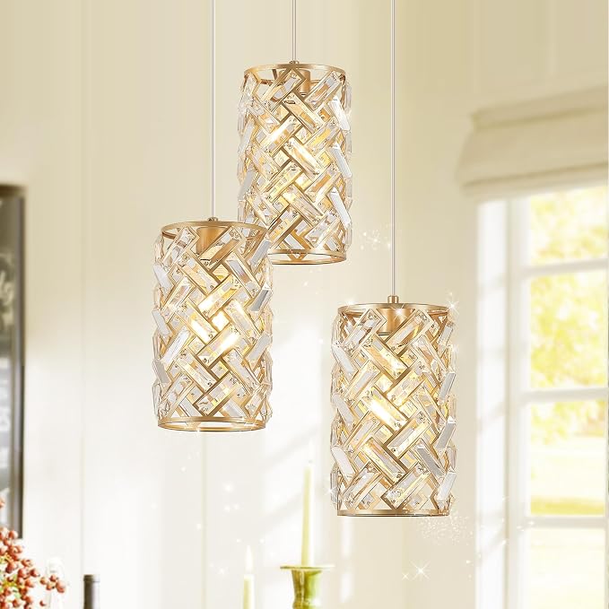 Gold Crystal Cluster Pendant Light, 3-Light Kitchen Island Hanging Light | 3-light gold crystal cluster pendant with adjustable height, E26 sockets, dimmable for kitchen islands and dining rooms