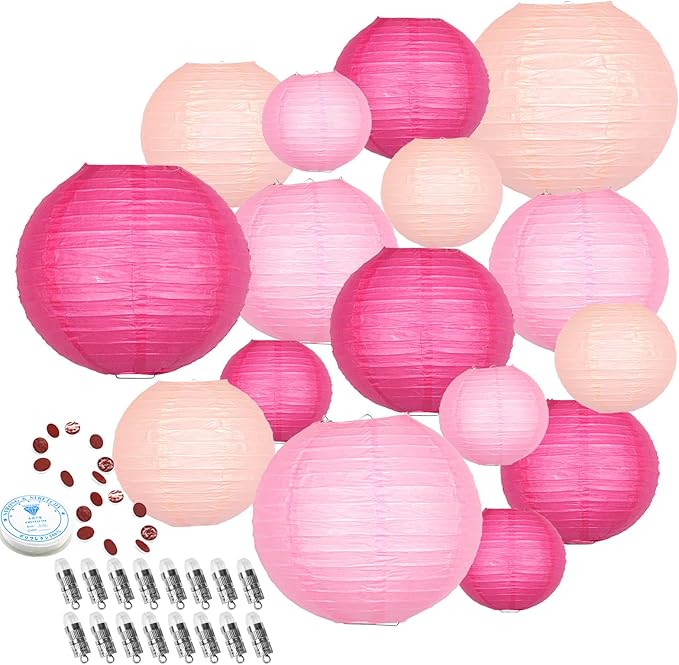 Hanging Paper Lanterns Decorative, Pink Chinese Paper Lanterns Ceiling Party Decorations with 16 LED Lights for Weddings Anniversaries Valentine's Day Bridal Shower Decorations, Pack of 16
