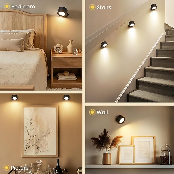 Wall Mounted Lamp LED Wall Lights with Rechargeable Battery Operated, 3 Color Temperatures & 3 Brightness Levels 360°Rotate Magnetic Ball, Cordless Sconces for Bedroom Reading Bedside Black-2 PACK