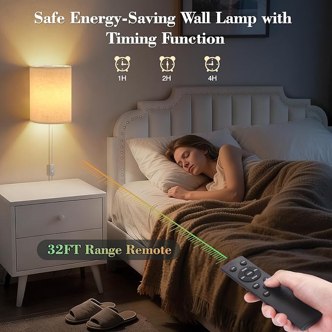 Plug in Wall Sconces Set of Two: Wall Lights with 7 RGB Colors - 3 Color Temperature Wall Mount Lamps with Remote - Fabric Linen Wall Sconc for Bedroom Living Room & Hallway- Indoor Corded Wall Sconce | 3 Color Temperature Wall Mount Lamps with Fabric ...