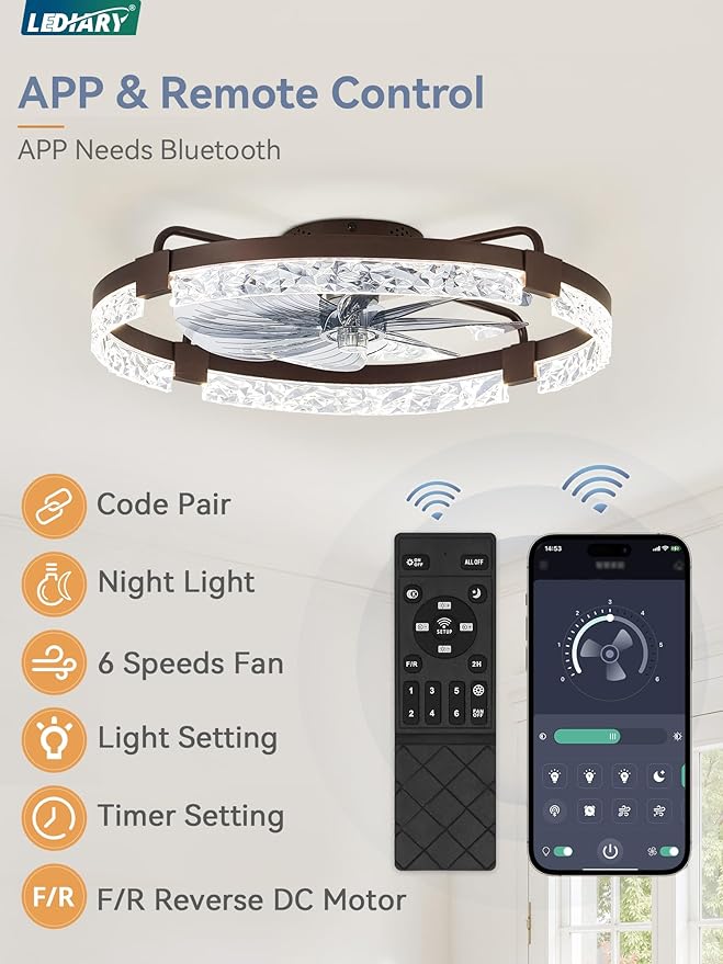 LEDIARY 24 Inch Low Profile Ceiling Fans with Lights and Remote, Flush Mount Fandelier Ceiling Fan, 3000K-6000K Dimmable LED Fan Light, Brown Modern Ceiling Fans with Lights for Bedroom