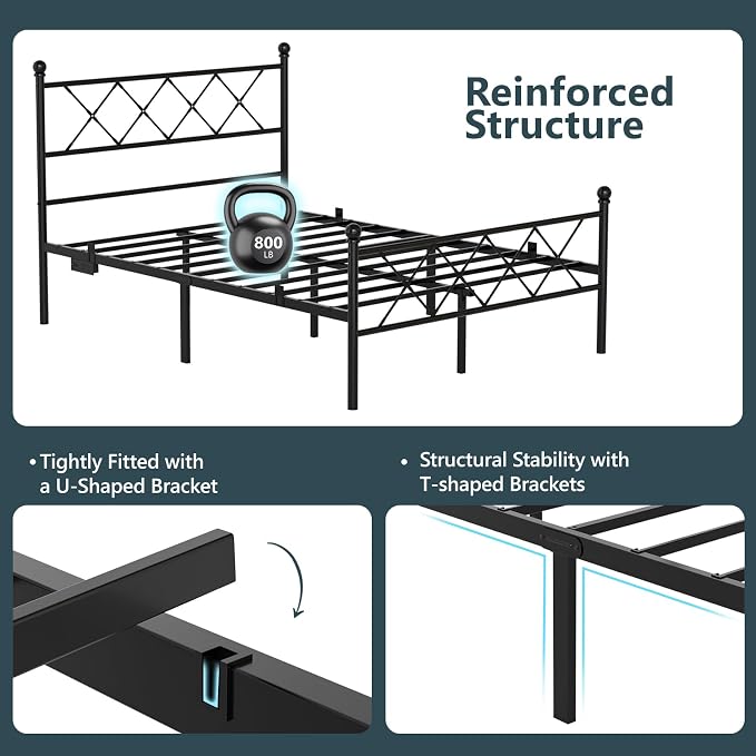 VINGLI Full Bed Frame with LED Lights & Charging Station, Metal Platform Bed Frame with Headboard, USB Ports, Under Bed Storage, Noise Free, No Box Spring Needed, Easy Assembly, Black