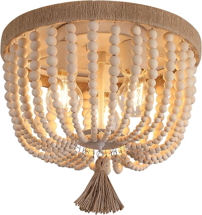 AMZASA Boho Flush Mount Ceiling Light Wooden Beaded Hepm Rope Oak Withe Farmhouse Beaded Chandelier Light Fixture 3 Lights for Nursery Bedroom Hallway Entryway