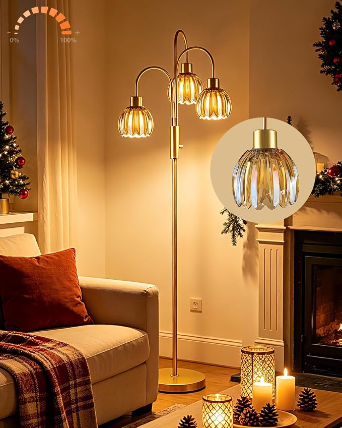 3-Light Glass Floor Lamp, 70" Gold Dimmable Standing Tall Lamp with Amber Ribbed Glass Shades &3PCS 3000K Warm White Bulbs, Modern Tree Pole Lamp for Living Room Bedroom Home Office Corner Decor