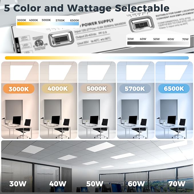 2x4 LED Flat Panel Light 56Pack,3000K-6500K & 5 Wattage Selectable | 70W 7700LM, 0-10V Dimmable, AC 120-277, Recessed 2x4 led drop ceiling light fixture for Office, Kitchen, Garage, School