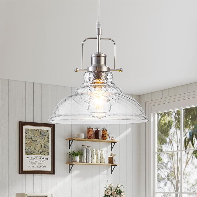 WILON Striped Glass Modern Pendant Light for Kitchen, Brushed Nickel | 11'' Striped Glass Shade, Adjustable Height, E26 Ceramic Socket, 60W MAX, Farmhouse Style for Dining Room Kitchen Over Sink