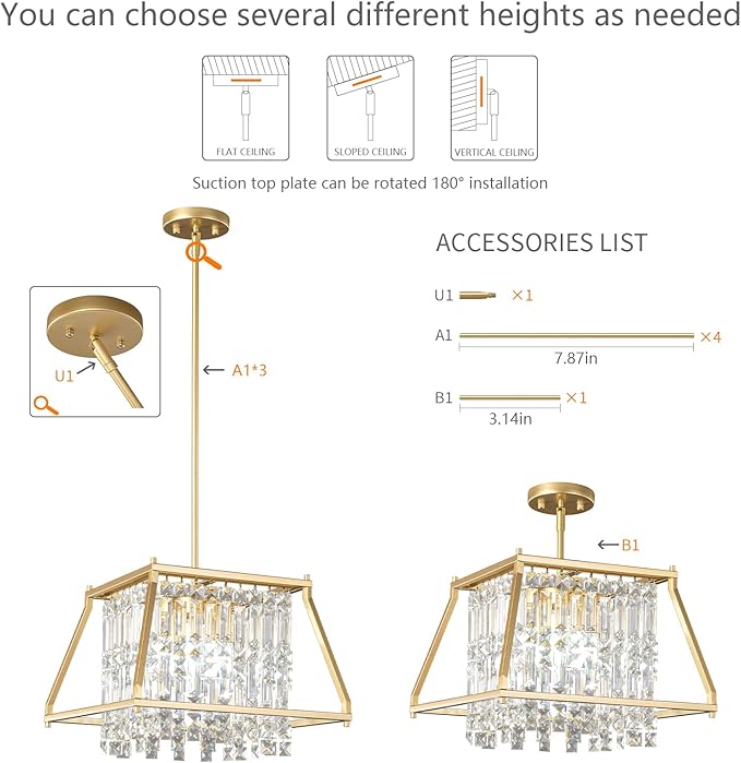 LMQNINE Farmhouse Chandelier - Gold Metal Crystal Pendant Light for Kitchen, Dining Room, Living Room - Flat and Inclined Ceiling (Trapezoid -15.74in)