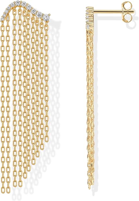 PAVOI 14K Gold Plated Long Tassel Dangle Earrings for Women - 925 Sterling Silver Posts Elegant Rhinestone Chain Chandelier Drop Earrings - Statement Jewelry