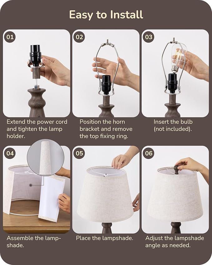 EDISHINE 21.85" Farmhouse Table Lamp, Rustic Bedside Lamp, Water Transfer Walnut Wood Grain Metal Base, Beige Linen Shade, Minimalist Nightstand Lamp for Living Room, Bedroom, Office, E26 Base