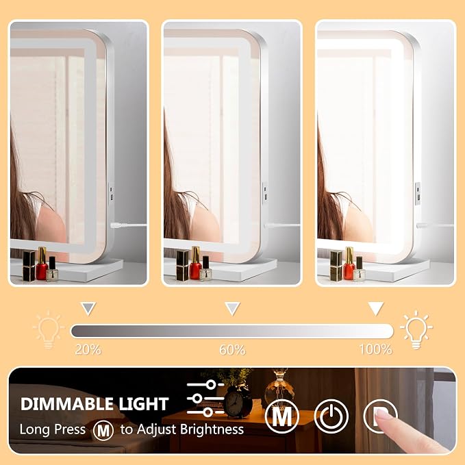 Ratsamee 26" x 20" Vanity Mirror with Lights, Led Makeup Mirror, Lighted Makeup Mirror with 3 Color Dimmable Lights, Smart Touch Screen Control, Aluminum Metal Frame,USB Charging Port