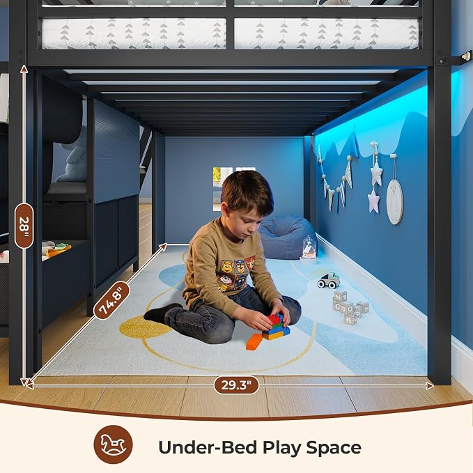 ADORNEVE Low Loft Bed Twin Size with Bookshelf, Reading Nook & 3 Drawers | Kids Loft Bed, LED, Storage Drawers, Beside Box, Under-Bed Play Space,Safety Guardrail, Inclined Ladde, Play Curtain, Black