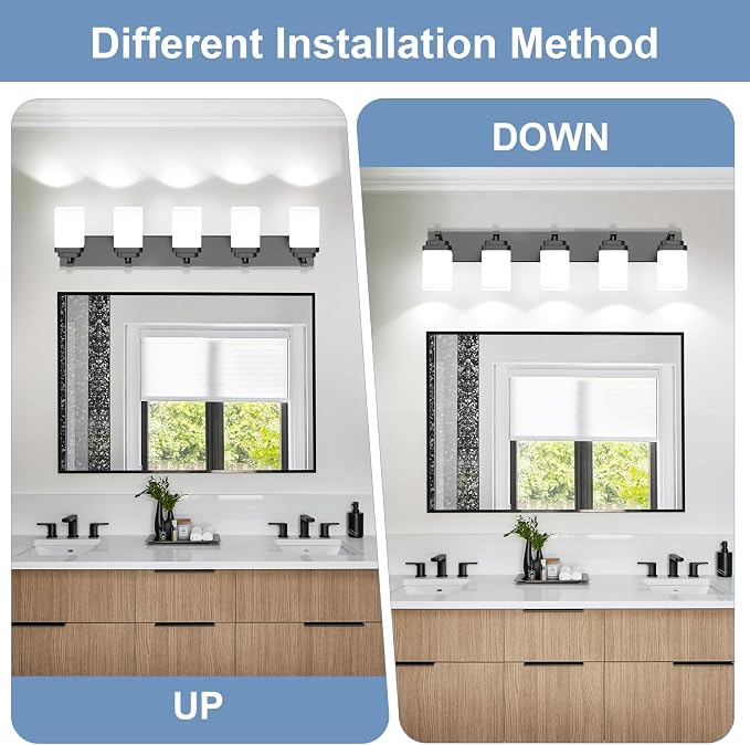 Matte Black Bathroom Light Fixtures, 5 Lights Bathroom Lighting Fixtures Over Mirror, Square Design & Rectangle Large Backplate, Modern Vanity Lighting Fixtures, for Living Room/Bedroom