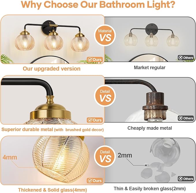 Bathroom Light Fixtures, 3-Light Amber Vanity Lights with Unique Leaf Texture Glass Shade, Modern Matte Black and Gold Bathroom Wall Lamp for Mirror Hallway Cabinet Living Room