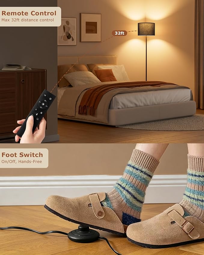 Dimmable Floor Lamp for Living Room with Remote, 9W 900LM LED Bulb Included, Black Shade Black Pole