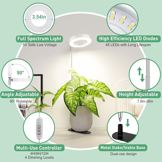 LORDEM Plant Grow Light, Full Spectrum Halo Desk Light, Height Adjustable 7.8"-26", LED Growing Lamp, Automatic Timer 4H/8H/12H, 4 Level Dimmable, Ideal for Indoor Plants, White, 3 Pack