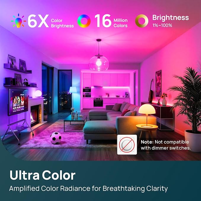 Linkind Matter Smart Light Bulbs 5GHz, Compatible with Alexa/Apple Home/Google | UltraColor 1100LM Color Changing Light Bulbs, 1000-20000K, Music Sync, Dotis AI, A19 2.4G & 5G WiFi 6 Bluetooth, 6Pack