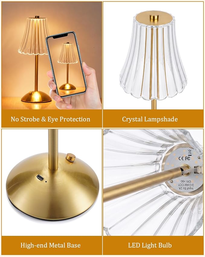 Nusogon 4 Pack Rechargeable Cordless Table Lamp, Touch Control Desk Lamp | 3 Color Dimmable LED Gold Small Lamp for Bedroom Bedside Restaurant Kitchen Home Decor