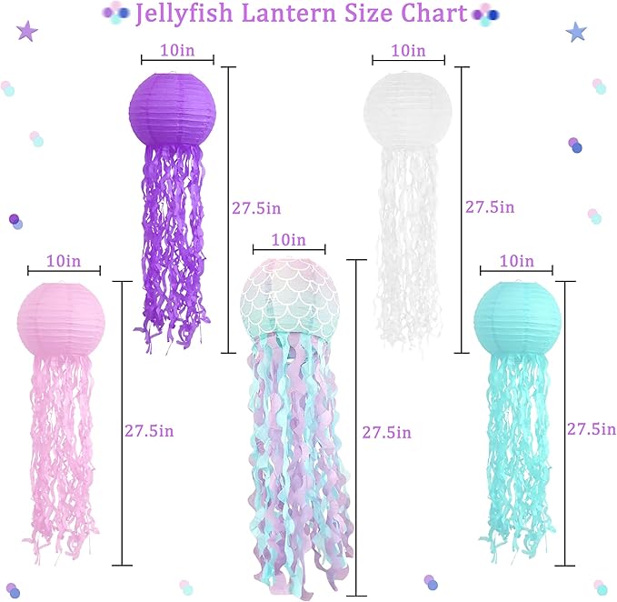 ADLKGG Hanging Jelly Fish Paper Lanterns, Pink Purple Blue White Paper Lanterns for Mermaid Theme Party Under The Sea Ocean Birthday Decorations, Set of 5