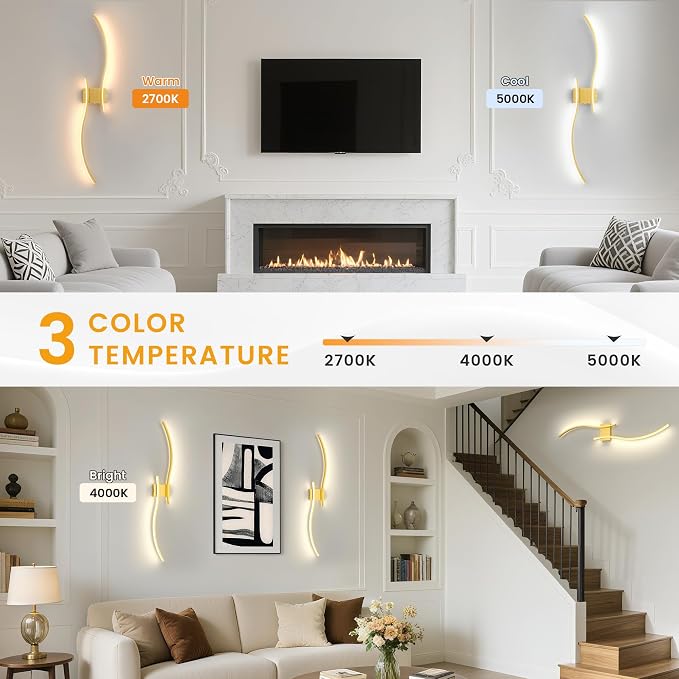 VOLISUN Battery Operated Wall Sconces Set of Two, 39.4 inch Wireless Wall Sconces, 3000K-6500K Dimmable Wall Lamps with Remote, Rechargeable Gold Wall Lights for Living Room, Hallway, Bedroom