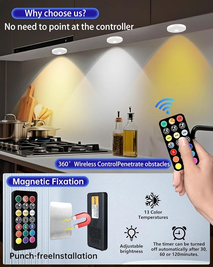 Puck Lights with Remote, 2000mAH Battery Operated, Rechargeable Shelf Light, Wireless,Color Changing Magnetic Light, Display Curio Cabinet,Bookcase,Under Cabinet Lighting (White, 3PACK)