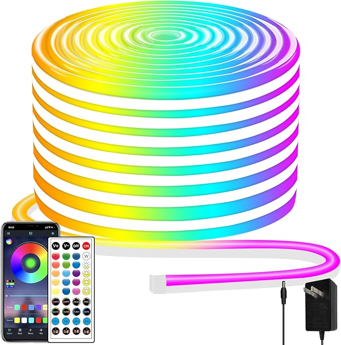 50ft LED Neon Lights with Remote and APP Control, IP65 Waterproof Flexible Neon Strip Lights 24V RGB LED Rope Lights for Bedroom,Living Room,DIY Decoration（with Snap &Screws） | Flexible Neon Strip Lights 24V RGB LED Rope Lights for Bedroom,Living Room,...