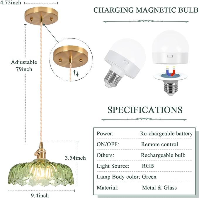 Battery Operated Pendant Light,Vintage Light Fixtures RGB Light Bulb 2500mAh 9.4in Green Modern Chandelier with Remote Control Wireless Adjustable Rechargeable Chandelier for Kitchen Island 2Pack