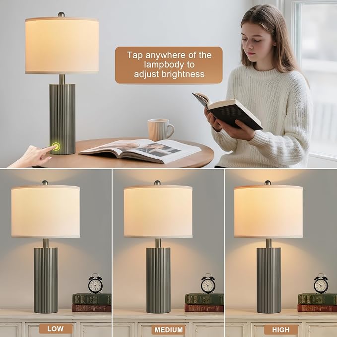 Table Lamps for Living Room Set of 2, 24.5" Modern Table Lamps for Bedroom with USB C+A Ports, Creative Stripe Touch Lamps for Nightstand, 2 Bulbs Included