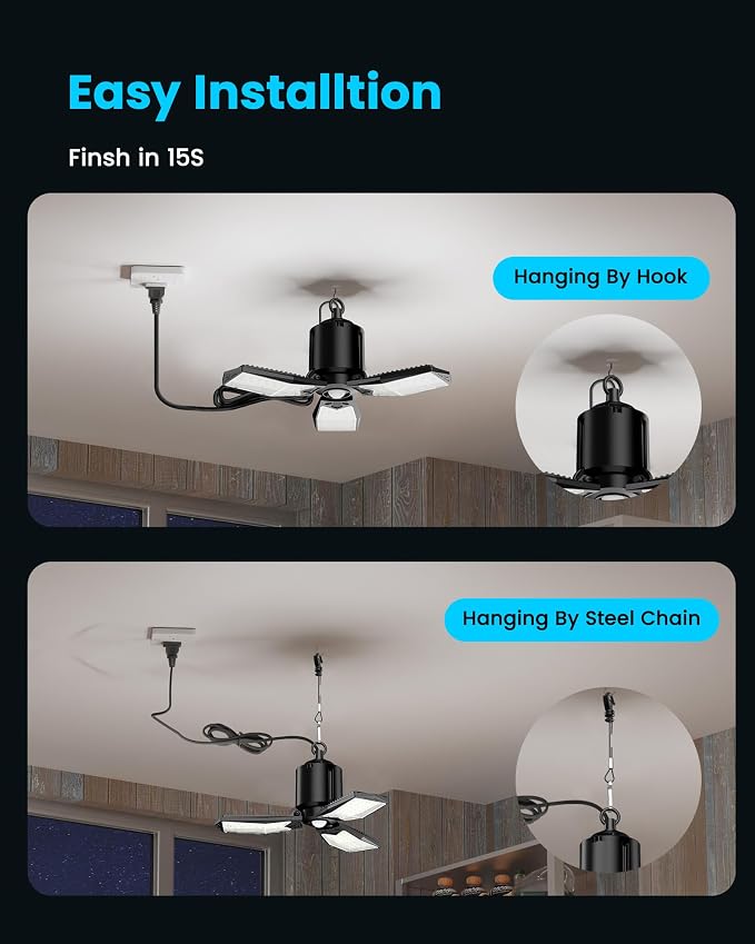 Motion Sensor Garage Light Plug-in, 80W, 8000LM, E26 Base, 1 Pack | Remote & Wall Switch Control, 3 Lighting Modes, Deformable LED Panels, 6500K Daylight, 360° Detection for Basement Workshop