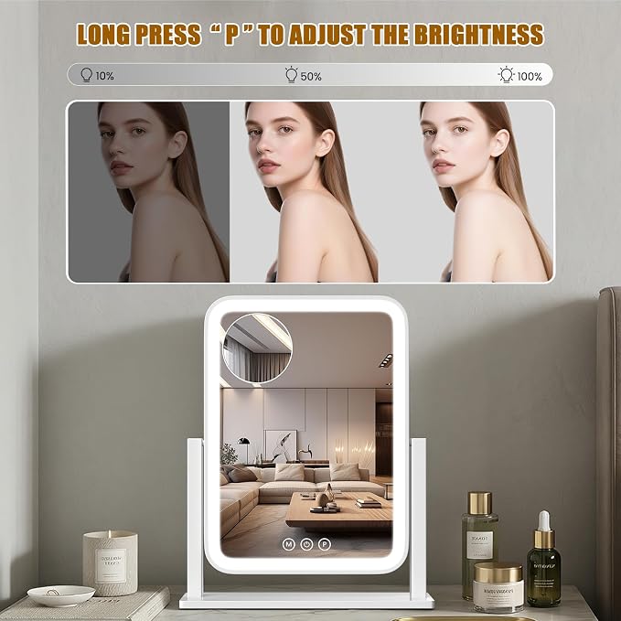 Vanity Mirror with Lights 12.6"x 16.2", LED Makeup Mirror, 3 Color Lighting Modes, 10X Magnification, Smart Touch Control, Dimmable, Aluminum Metal Frame, Lighted Up for Vanity Desk (White)