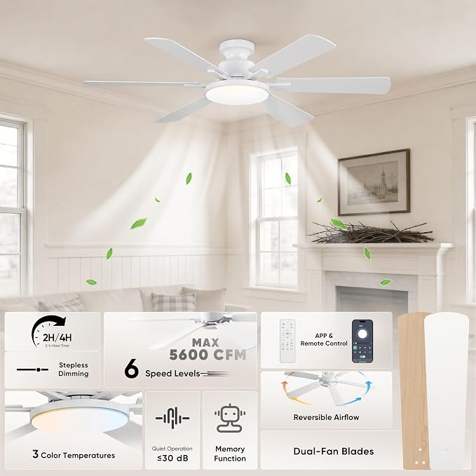 52'' Flush Mount Ceiling Fans with Lights for Living Room, White | 6 Blades, 6 Speeds, MAX 5600 CFM, Remote&APP Control, 3CCT Dimmable LED, All Metal Body, Memory Function, Reversible DC Motor