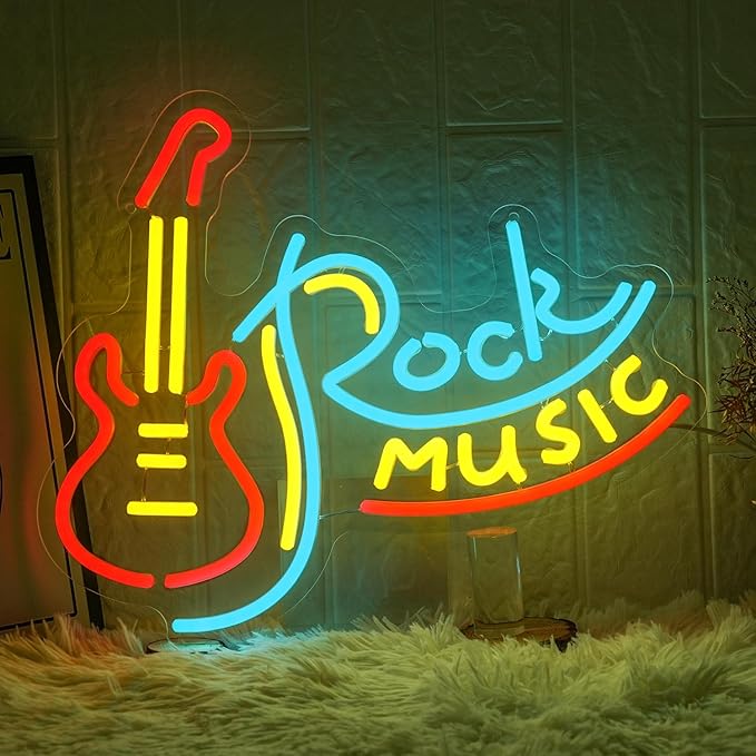 Rock Music Neon Sign for Wall Decor Dimmable Neon Light Signs Guitar Shape LED Neon Signs for Bar Rock Music Fans Game Room