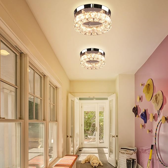 9.8" Modern Mini LED Chandelier Crystal Ceiling Light Flush Mount Light Fixture Ceiling Mount for Hallway Foyer Kitchen Closet (Warm White)