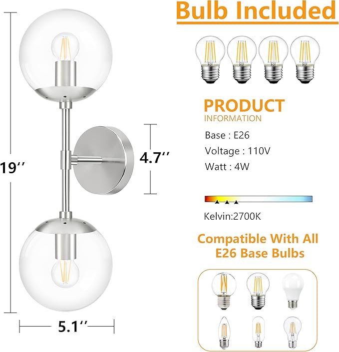 KoKo&Yukina Nickel 2 Pack Vanity Light Fixtures Mid Century Modern Bathroom Vanity Light Globe Sconce with Clear Glass for Bathroom Bedroom