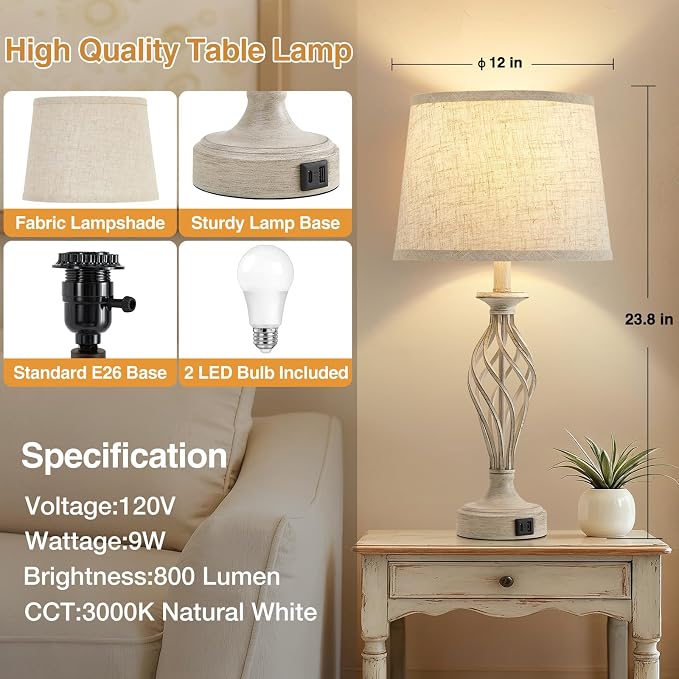 EJIAXIN Table Lamp for Bedroom Set of 2 - Light Grey Bedside Lamps with USB C+A Ports,Rustic Distressed Farmhouse Bedroom Lamp - Lamp for Living Room Reading Bed Side End Table Bulbs Included