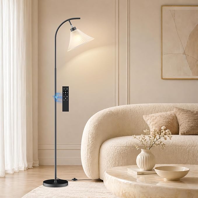 Glass Floor Lamp, Dimmable Black Standing Lamp with Remote Control & 3 Color Temperatures, Modern Arc Floor Lamps for Living Room Bedroom Office Corner, 9W LED Bulb Included