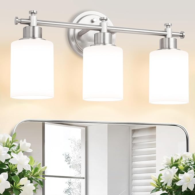3-Light Bathroom Vanity Light Fixtures, Brushed Nickel Bathroom Wall Sconce, Modern Sliver Vanity Light with Milky White Glass Shade Over Mirror, Bathroom, Bedroom, E26 Base, 17 Inch