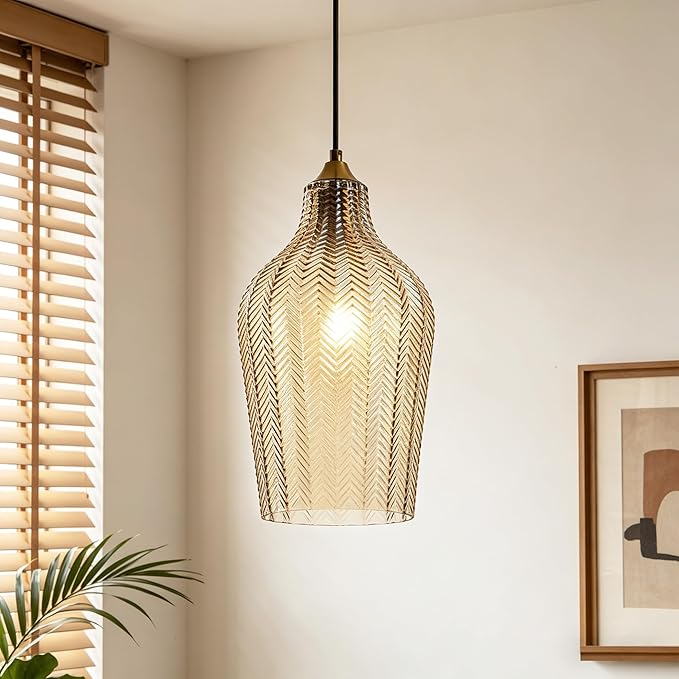 Amber Glass Pendant Lights Kitchen Island Gold Hanging Ceiling Light 6.7" | 1 Pack, Adjustable height, Dimmable, E26 bulbs, Rust-resistant Damp Rated For Bathrooms, 5-Year Warranty, UL Certification
