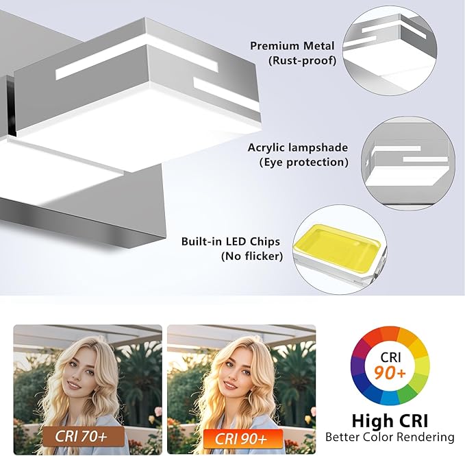 LED Modern Bathroom Vanity Light Fixtures, 4-Light 28-inch Dimmable Chrome Vanity Lights for Bathroom Lighting Fixtures Over Mirror, with 350° Rotatable Heads (Cool White 6000K)