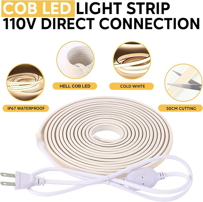 AC 120V COB LED Strip Light 6.56ft Waterproof LED Light Strip | IP67 2 Meter Cuttable White LED Strip Lighting 320LEDs 4000K Rope Lights for Indoor Bedroom Garden Outdoor Decor