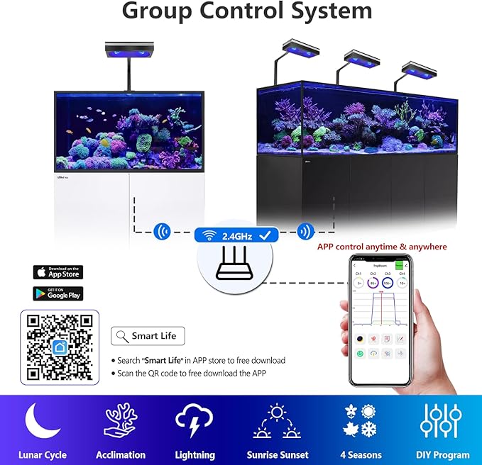 PopBloom RL180 Full Spectrum Reef Light WiFi Marine Reef LED Aquarium Light Saltwater Aquarium Fish Tank Lamp (180W WiFi Black)