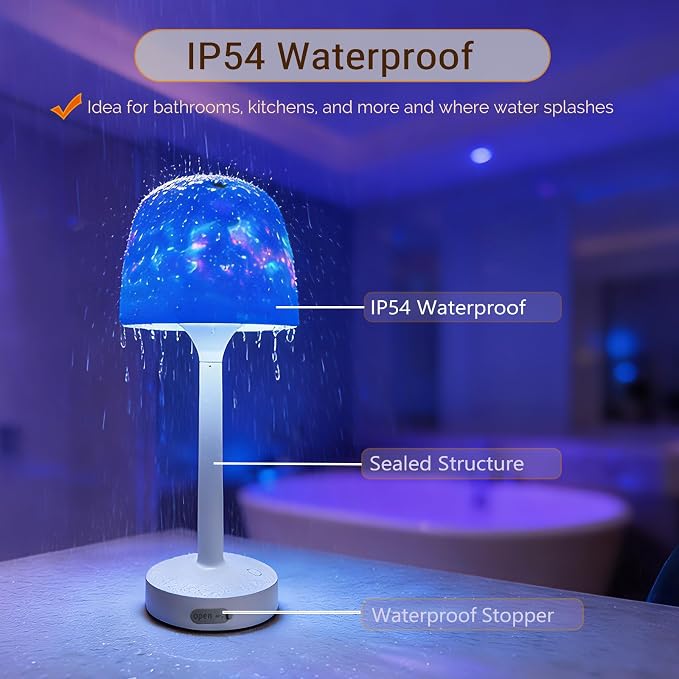 Shower Lamp Waterproof, Rechargeable Cordless Table Lamp (Khaki) | 16 color ocean wave projection with remote& touch control, Battery powered lamp for Inside Showers/ Bathtubs, Bedroom, patio