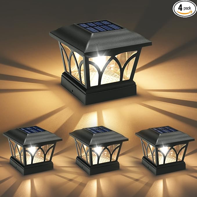 VOLISUN Solar Fence Post Cap Lights, Edison LED 2 Modes 4Pack,Slate Black | Solar powered lights fit 4x4/6x6 posts, ideal for garden, deck, mailbox, yard & porch outdoor decoration