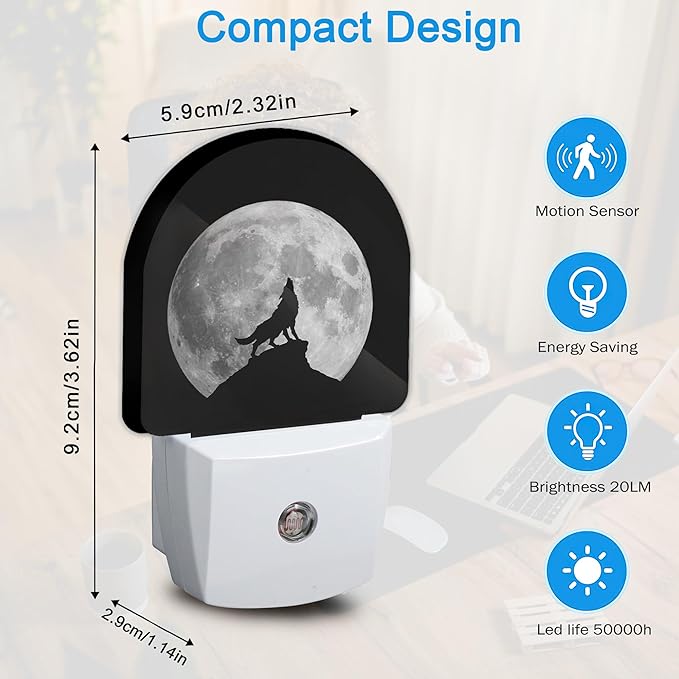Night Light, Full Moon Howling WolfNight Lights Plug Into Wall Decor, Home Indoor Stairway Kitchen Corridor,Boys Girls Women Men Room Gifts